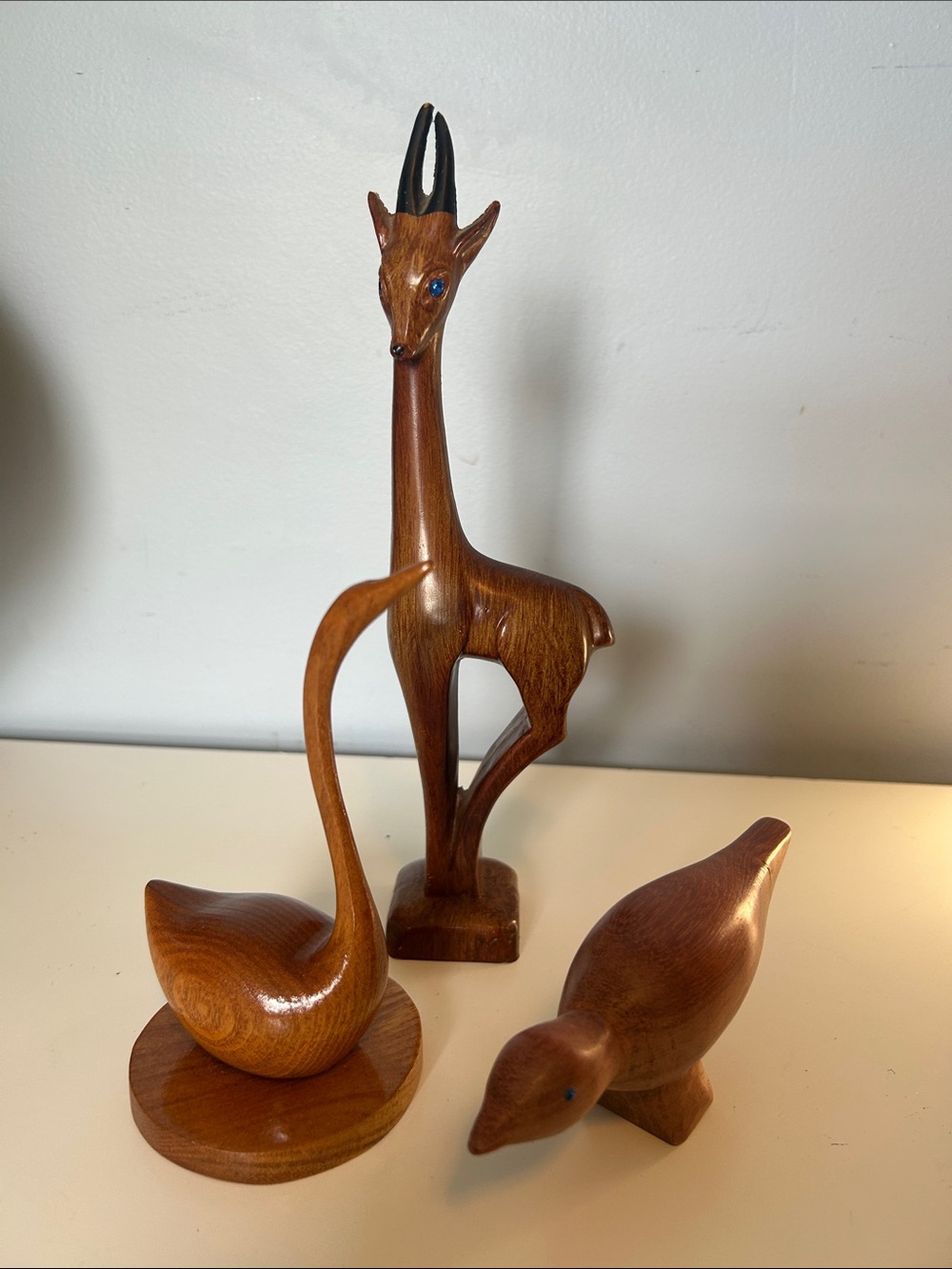 Vintage MCM Hand Carved Animal Wood 
Sculptures Set of 3 Gazelle Swan Bird